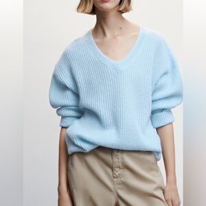 NWT Mango Soft Sky Blue V-Neck Ribbed Cable Knit Cozy Alpaca Sweater Pullover